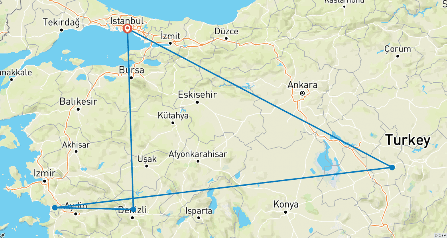 Mapa trasy: 4-dniowa wycieczka po Turcji ze Stambułu: Kapadocja, Efez, Pamukkale Samolotem