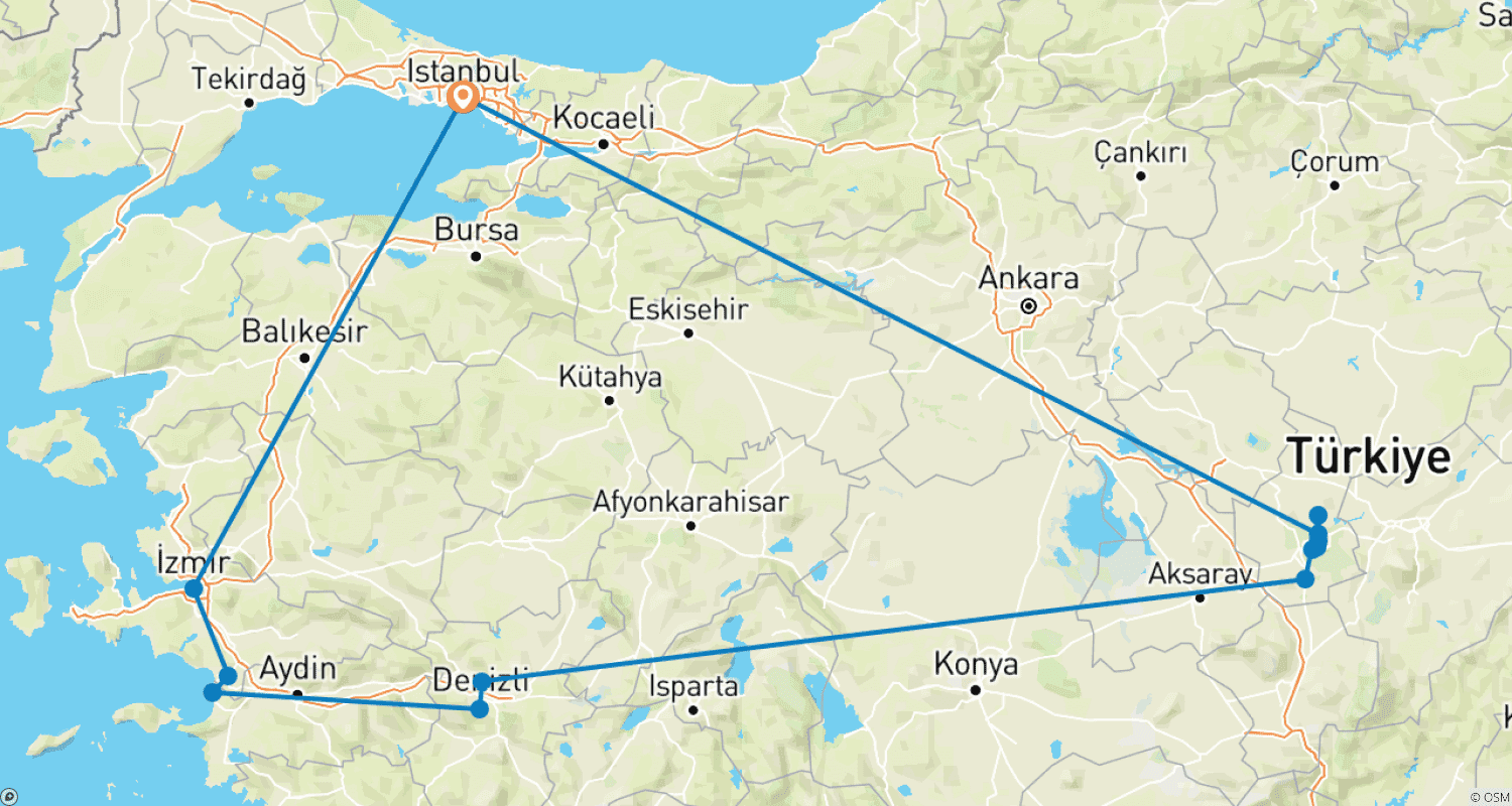 Mapa do percurso de 4 Dias - Capadócia, Pamukkale e Éfeso (Taxas de entrada em museus incluídas)