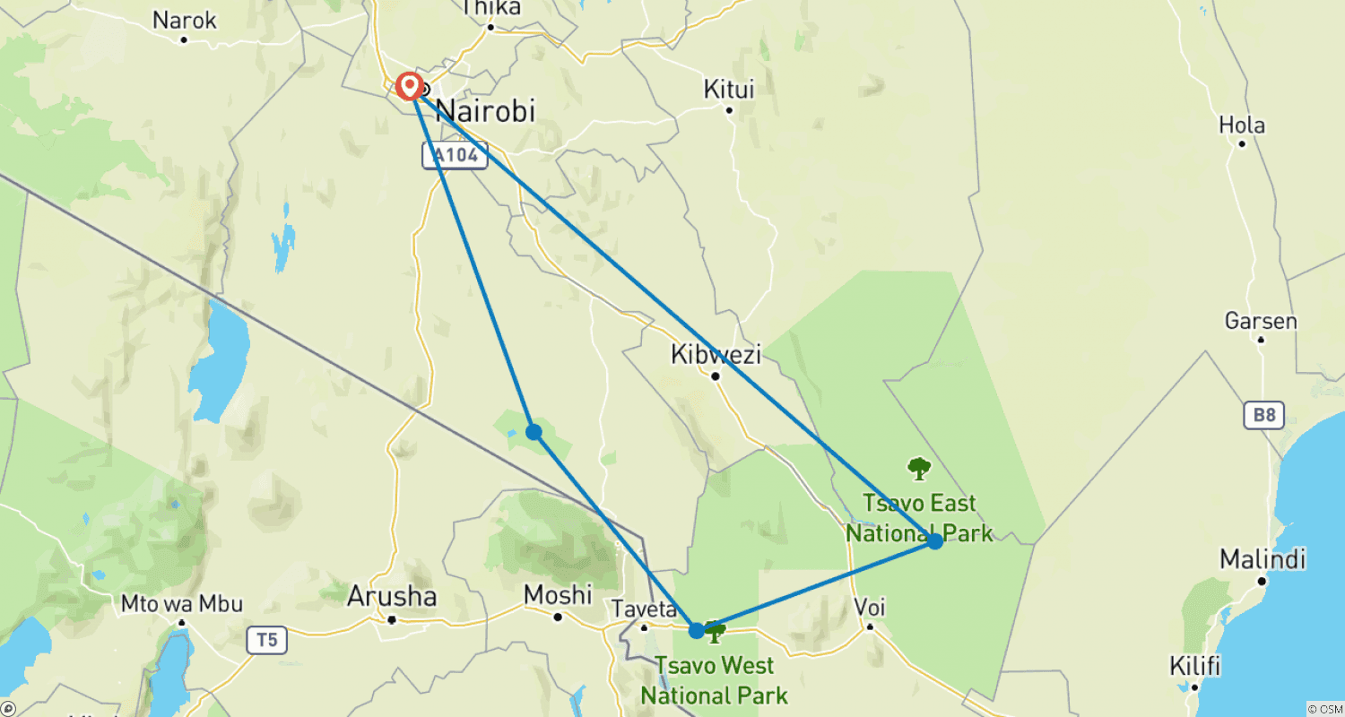 خريطة مسار رحلة سفاري الفيلة الحمراء الفاخرة لمدة أربعة أيام - Tsavo West و Amboseli
