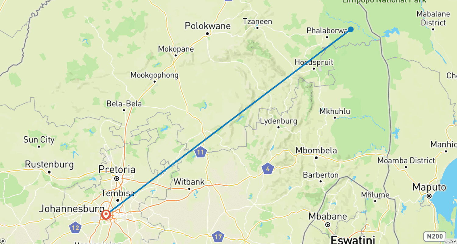 Mapa do percurso de Safari de 4 Dias no Kruger com Orçamento Limitado