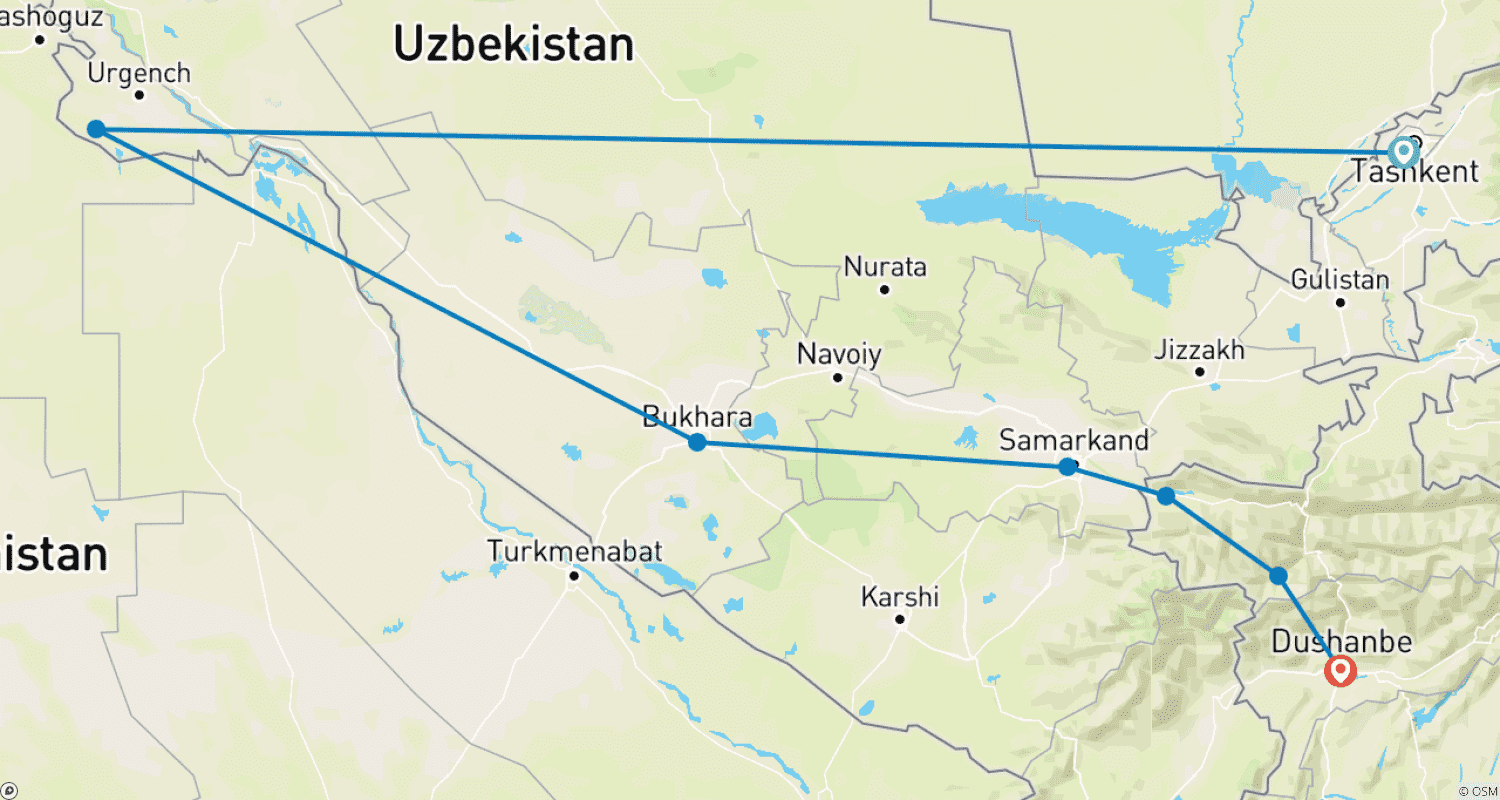 Mapa do percurso de Maravilhas do Uzbequistão e Tajiquistão: Tour de 11 dias