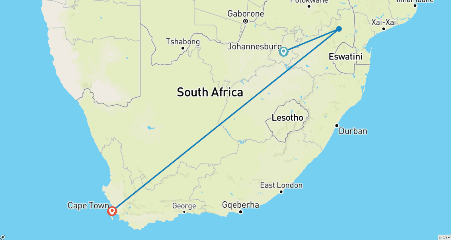 Mapa do percurso de Safari de 8 Dias: Parque Kruger à Cidade do Cabo