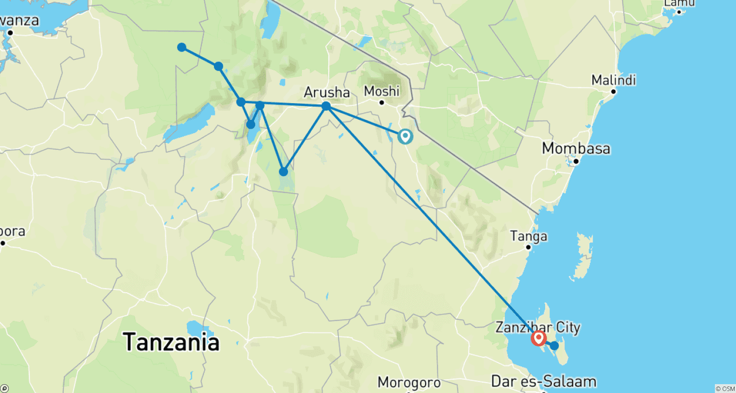 Mapa do percurso de 12 Dias de Migração dos Gnus (Travessia do Rio Mara) Do Mato à Praia