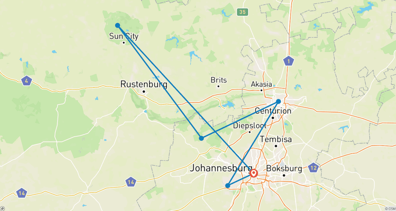 Mapa do percurso de Soweto to Pretoria & Pilanesberg Big 5 Game Drive