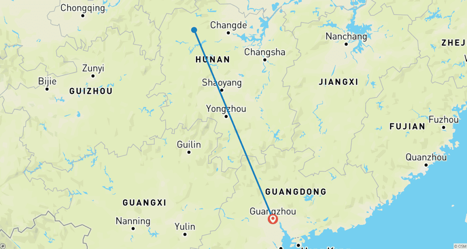 Mapa trasy: 4-dniowa wycieczka do Zhangjiajie i Starego Miasta Fenghuang z Guangzhou pociągiem dużych prędkości i samolotem