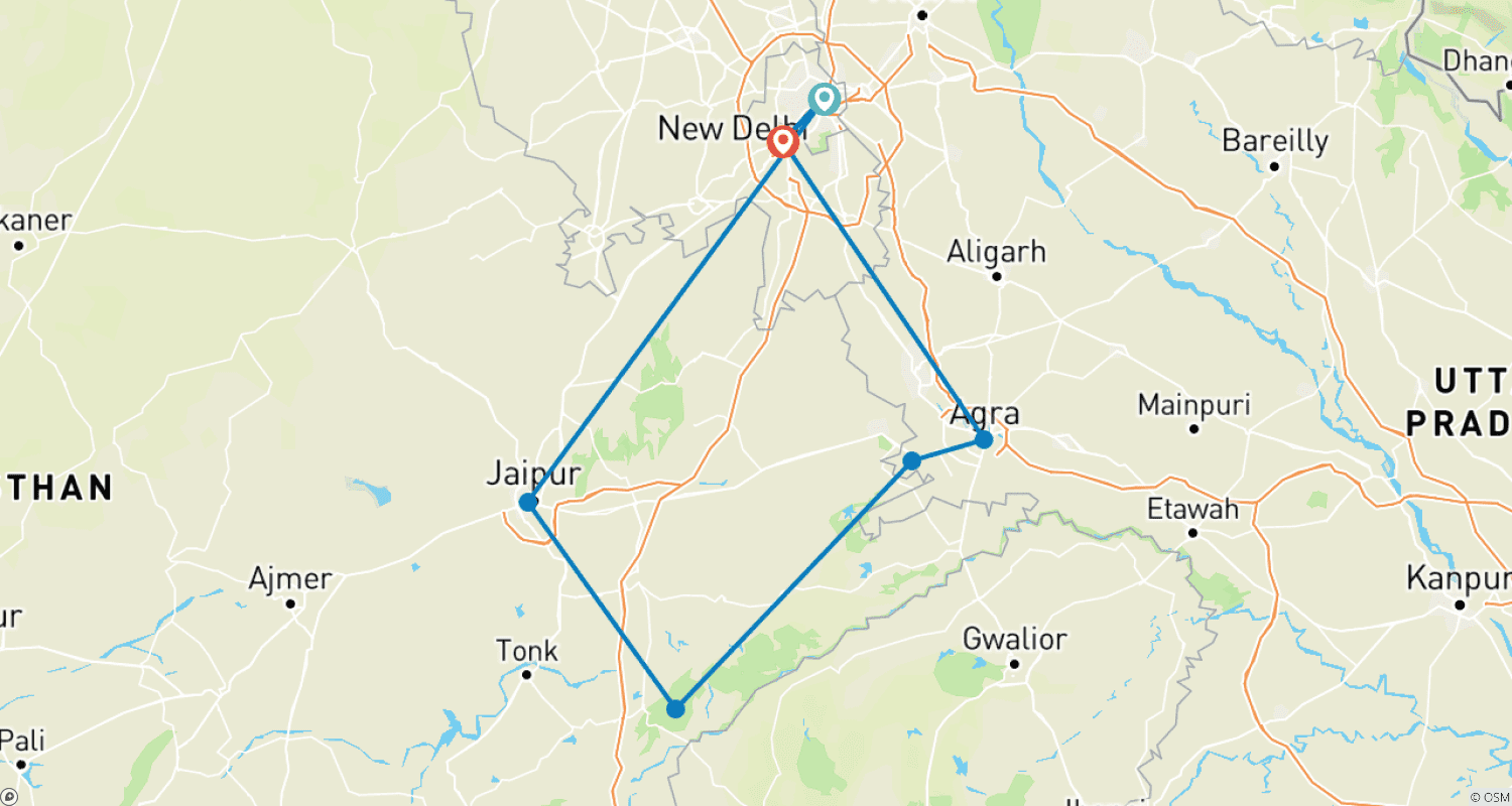 Mapa do percurso de De Deli: Tour Privado Triângulo Dourado com Ranthambore