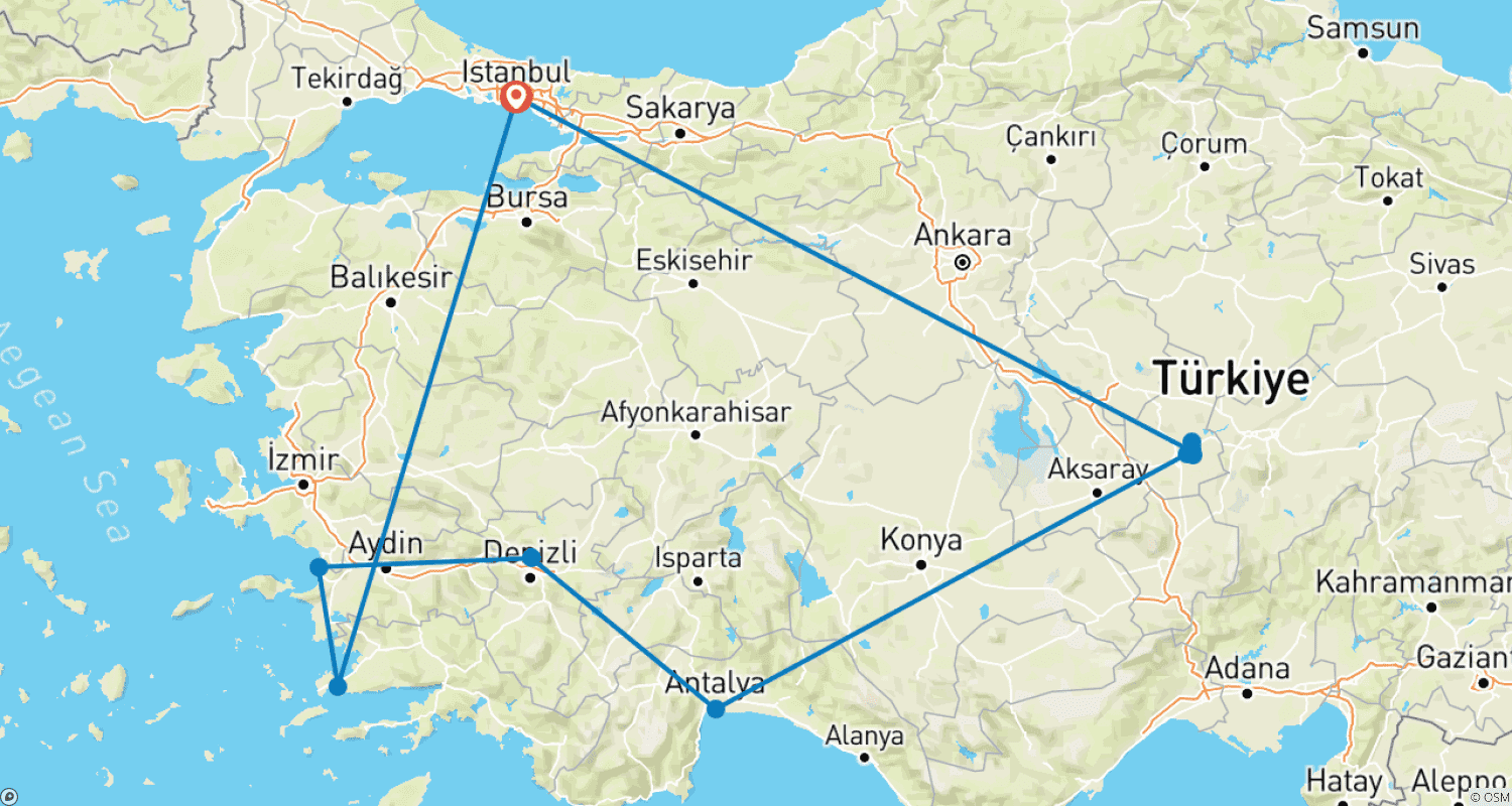 Mapa do percurso de Tour de 13 Dias Padrões da Turquia de/para Istambul de Avião