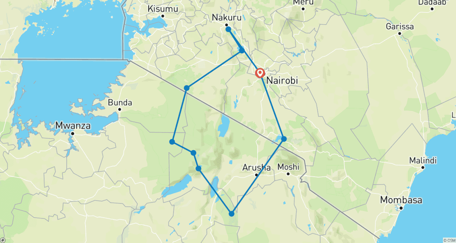 Mapa do percurso de 9 dias de Safari combinado no Quênia e Tanzânia