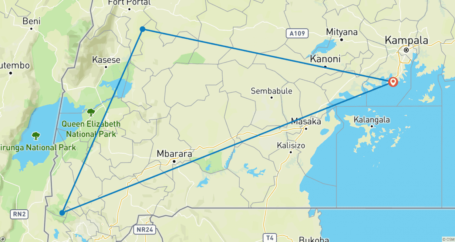 Mapa do percurso de Safári de Gorilas da Montanha e Chimpanzés em Uganda