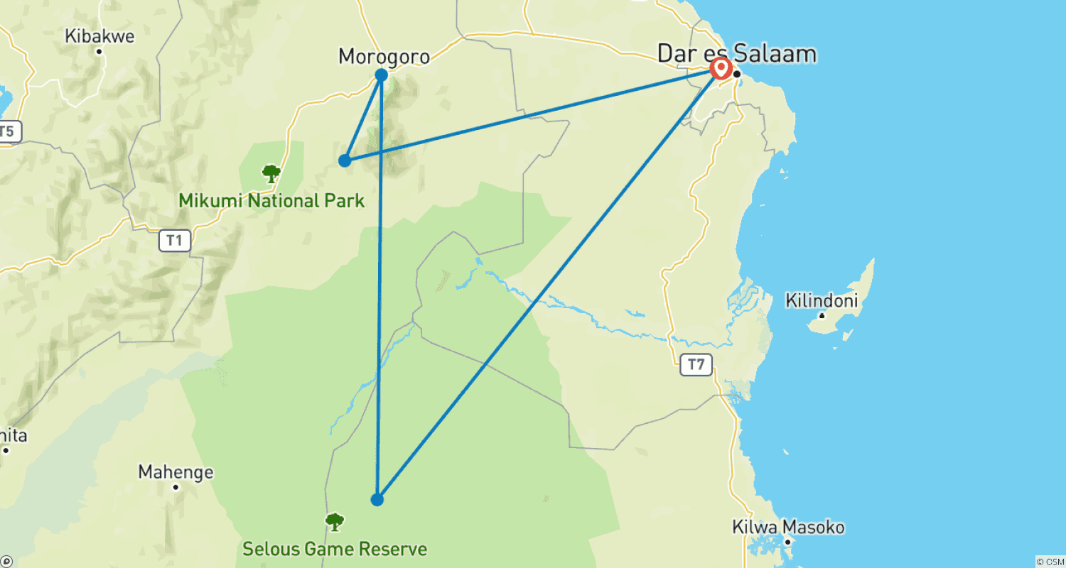 Mapa do percurso de Safári dos Cinco Grandes do Sul - Mikumi & Selous