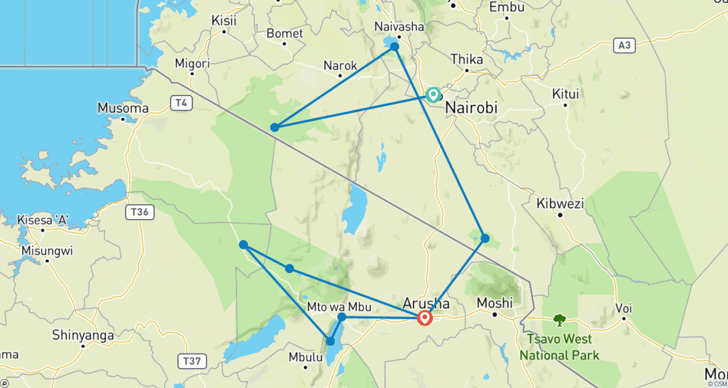 Mapa do percurso de Nove Dias de Safari de Luxo Incrível no Quênia e na Tanzânia