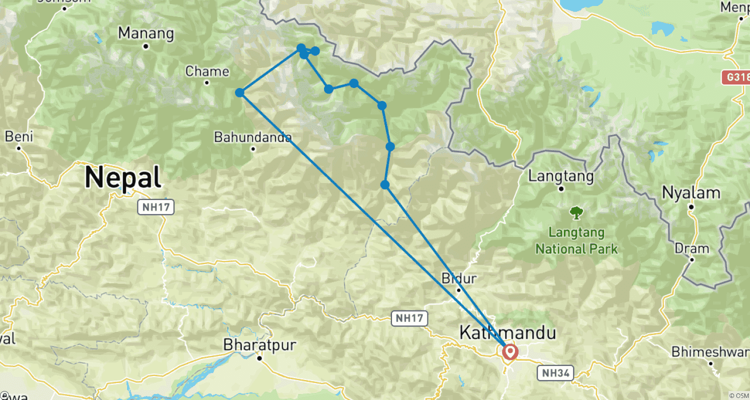 Manaslu Circuit Trekkingのルートマップ