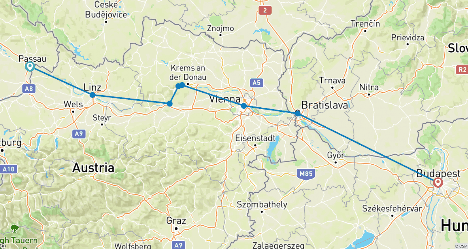 Mapa do percurso de Danúbio Encantador (2024) (Budapeste a Passau, 2024)