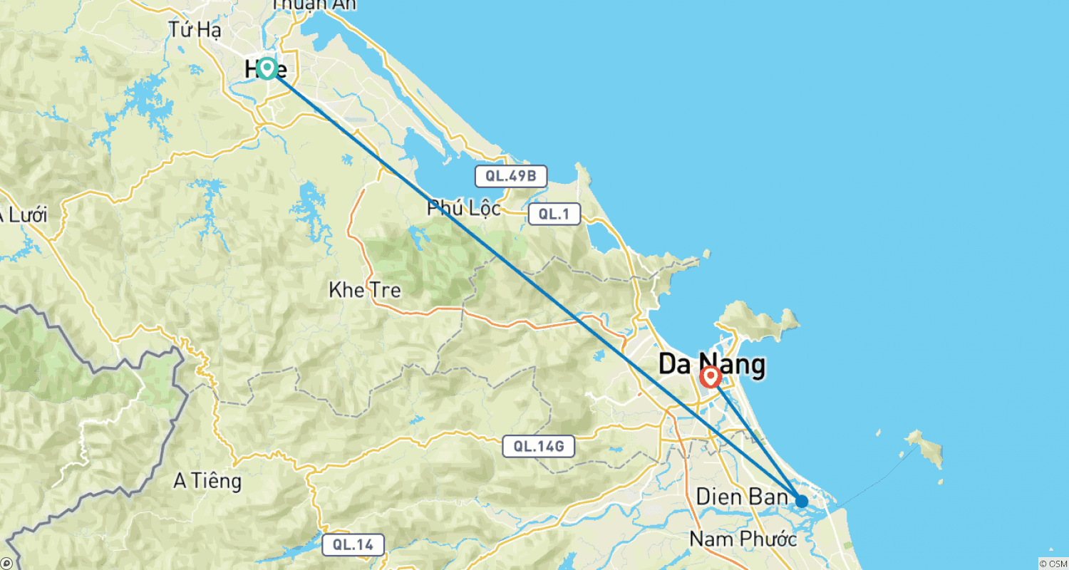 Mapa do percurso de Treasures of Central Vietnam Tour 5 days