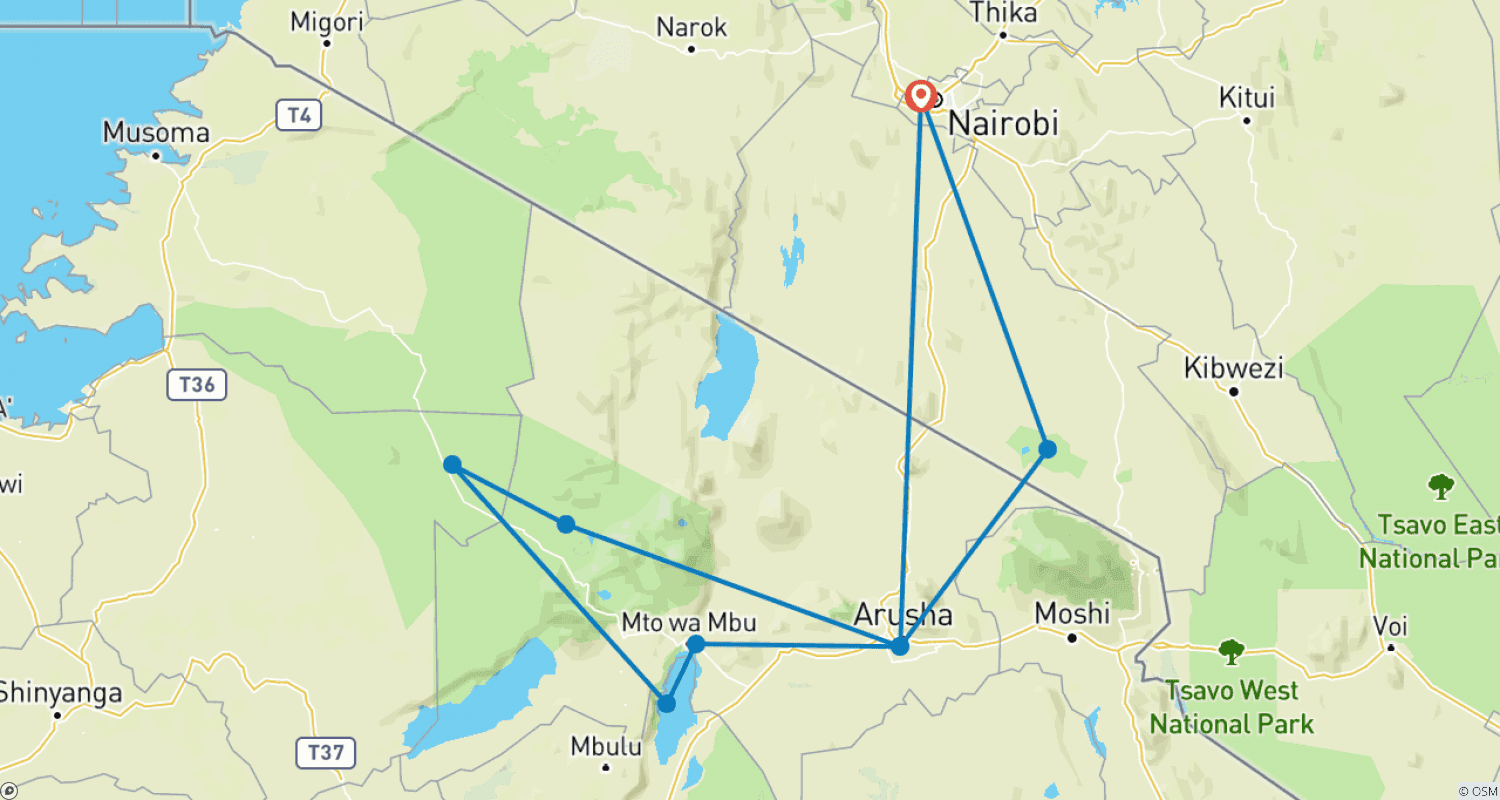 Mapa do percurso de Safari de Luxo de Oito Dias pelo Quênia e Tanzânia