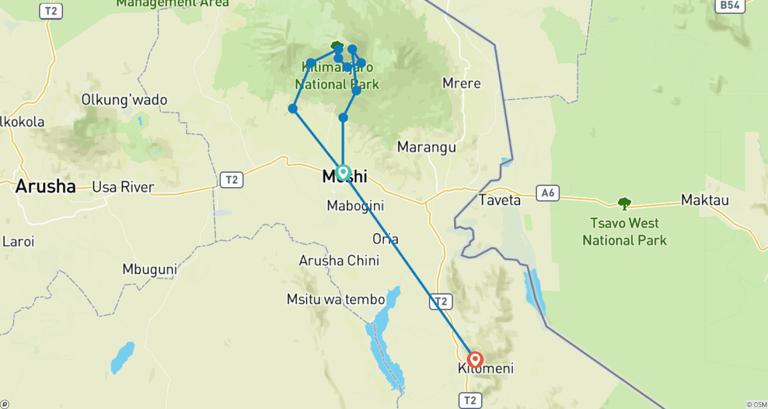 Mapa do percurso de 7 Dias Rota Machame + 2 Noites de Estadia
