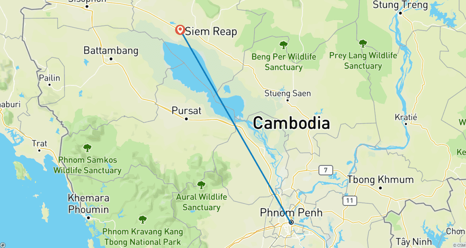 Mapa do percurso de Explore Phnom Penh e depois navegue pelo belo Rio Tonle até Siem Reap em 6 Dias