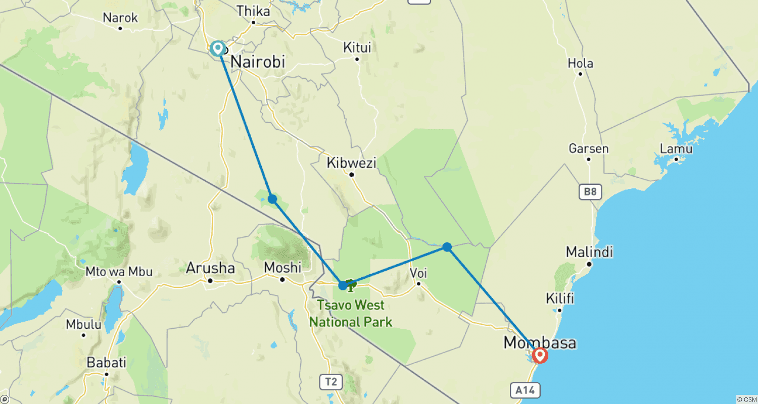 Mapa do percurso de 5 Dias de Safáris de Vida Selvagem em Amboseli, Tsavo West e Tsavo East