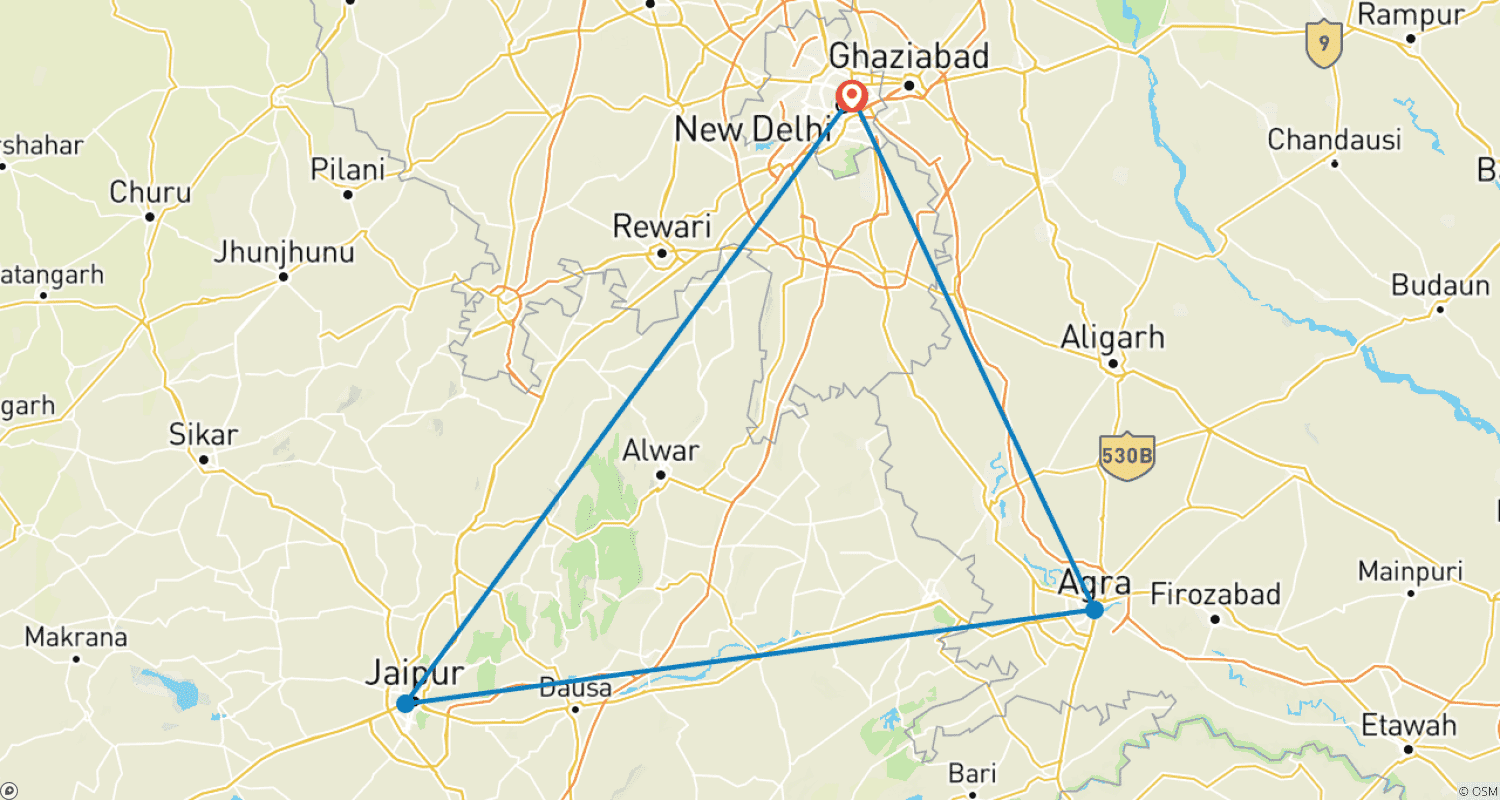 4日間のゴールデン・トライアングル・ツアー（4つ星ホテル付き）：Delhi、Agra、Jaipurのルートマップ