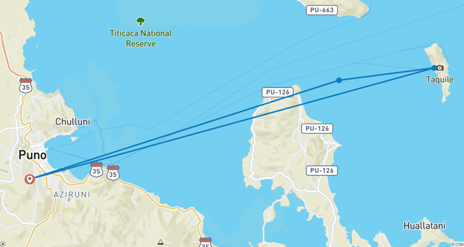チチカカ湖、Uros、Taquile 終日ツアーのルートマップ