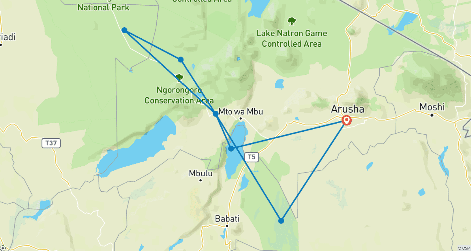 Mapa do percurso de 4 Dias Circuito de Safári do Norte de Médio Porte