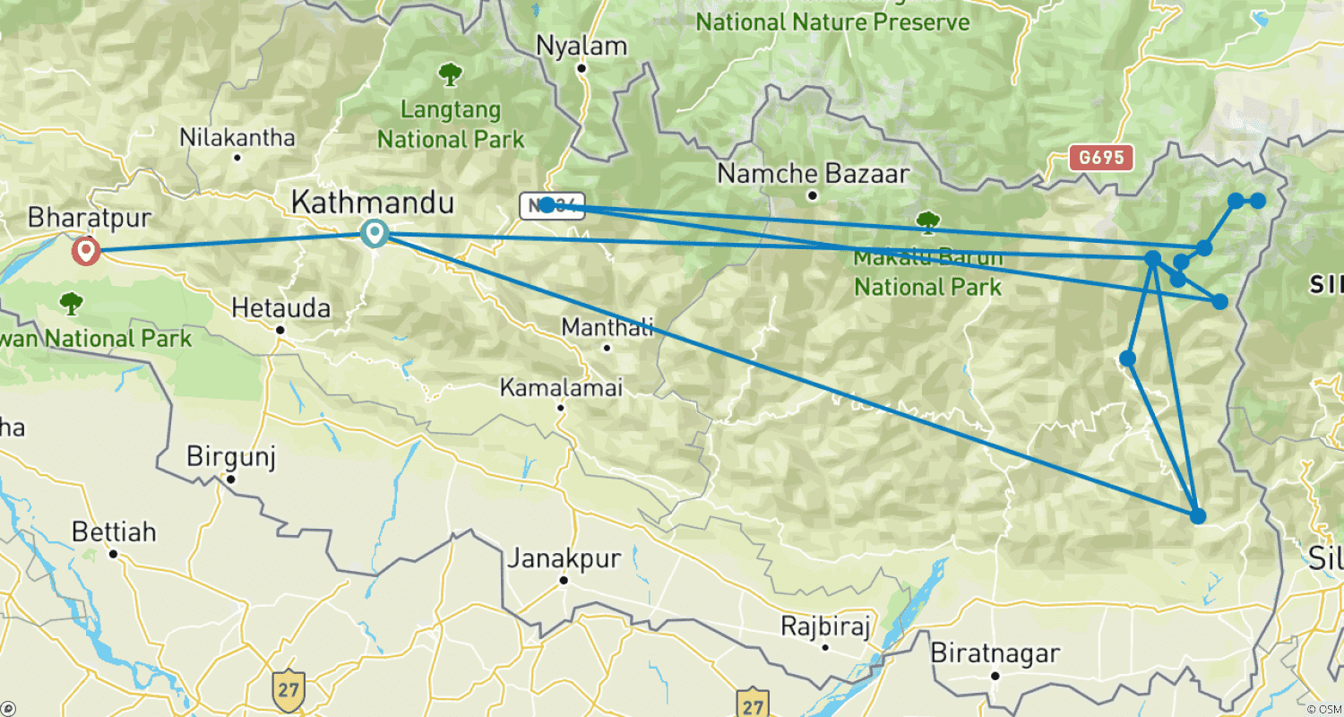 Mapa do percurso de Trilho do Circuito Kanchenjunga: 26 Dias, 25 Noites