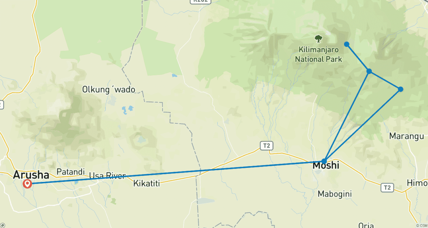 Mapa do percurso de Expedição de 7 Dias ao Monte Kilimanjaro na Tanzânia pela Rota Marangu