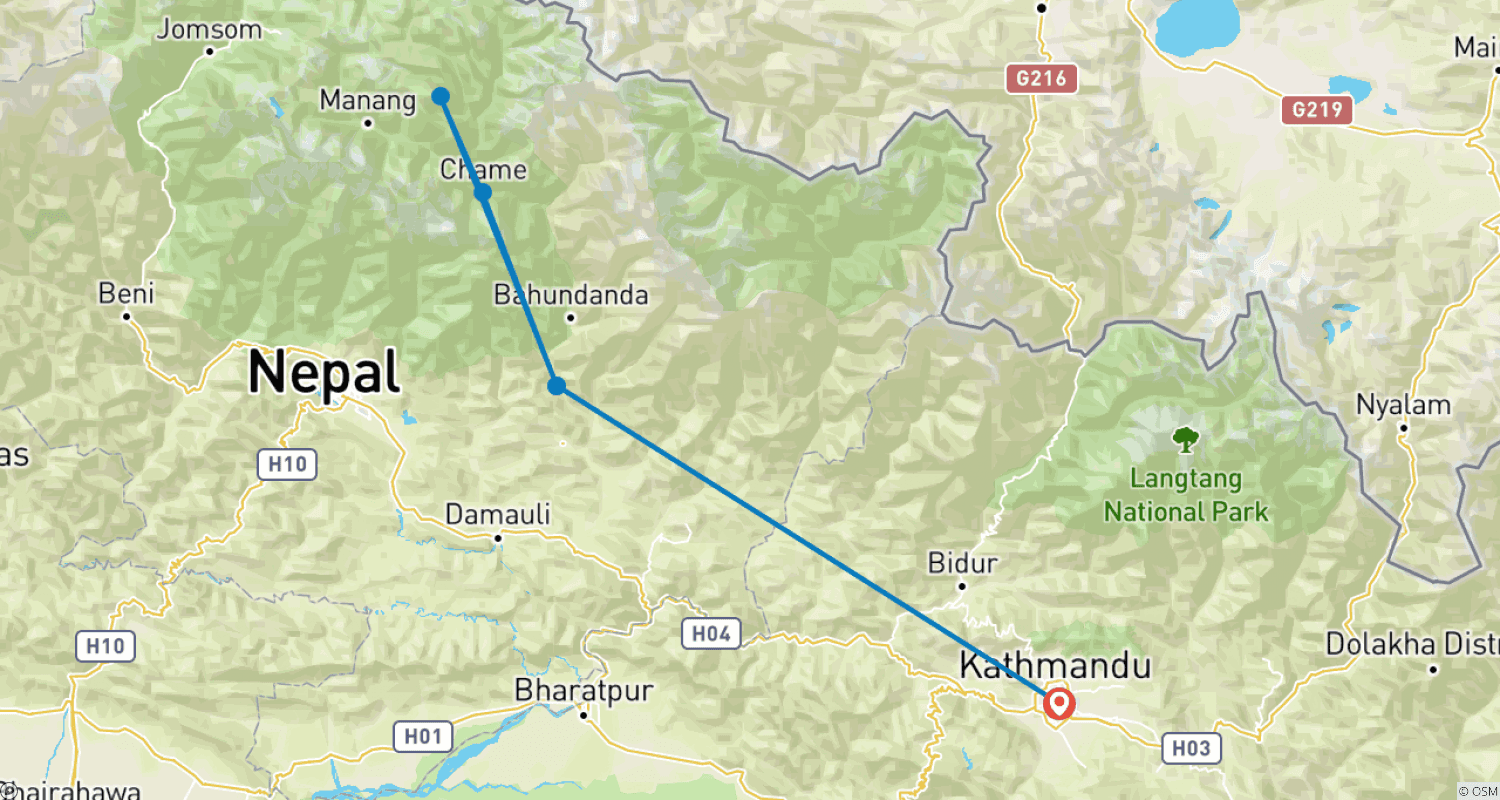 Mapa do percurso de Caminhada pelo Vale de Nar Phu - 12 Dias