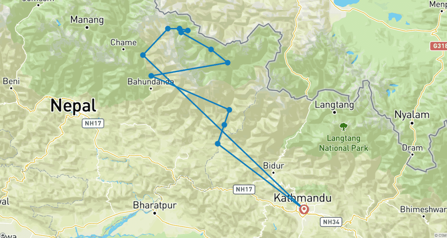 Mapa do percurso de Trekking do Circuito Manaslu