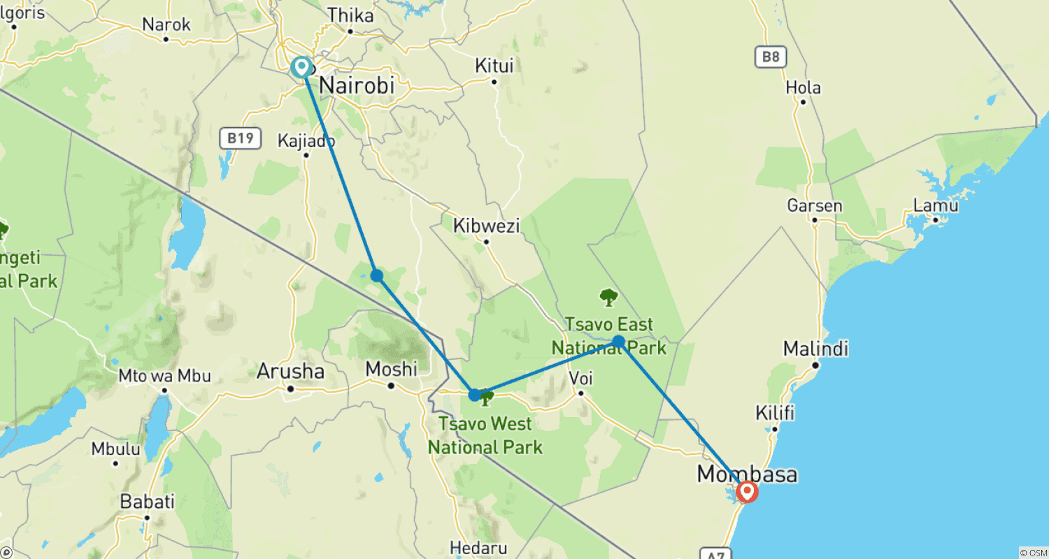 Mapa trasy: 5 Dni średniej długości safari w Kenii do Parków Amboseli i Tsavo z Nairobi do Mombasy