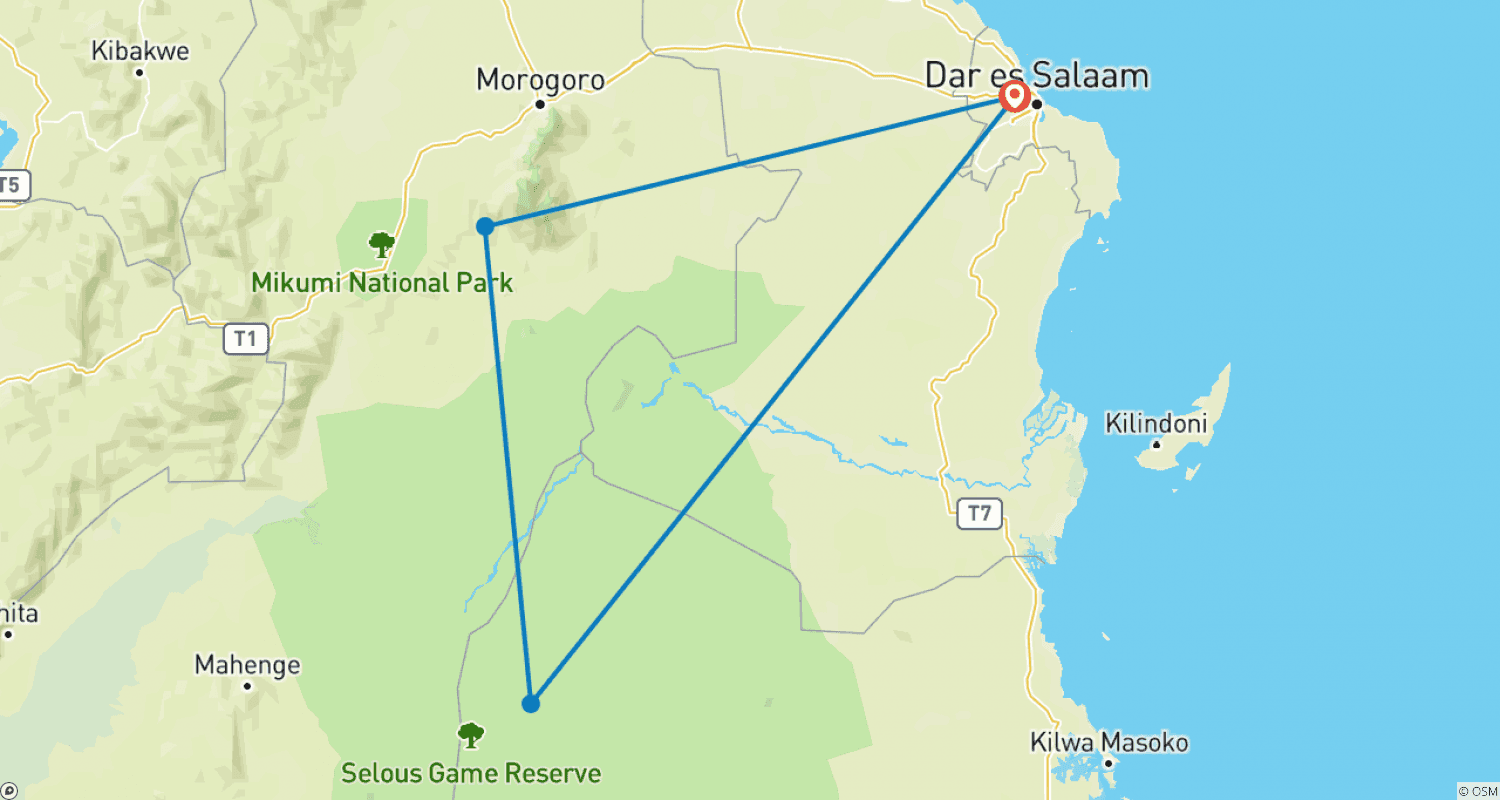 Mapa do percurso de Excursão de 5 Dias à Reserva de Caça Selous e ao Parque Nacional Mikumi