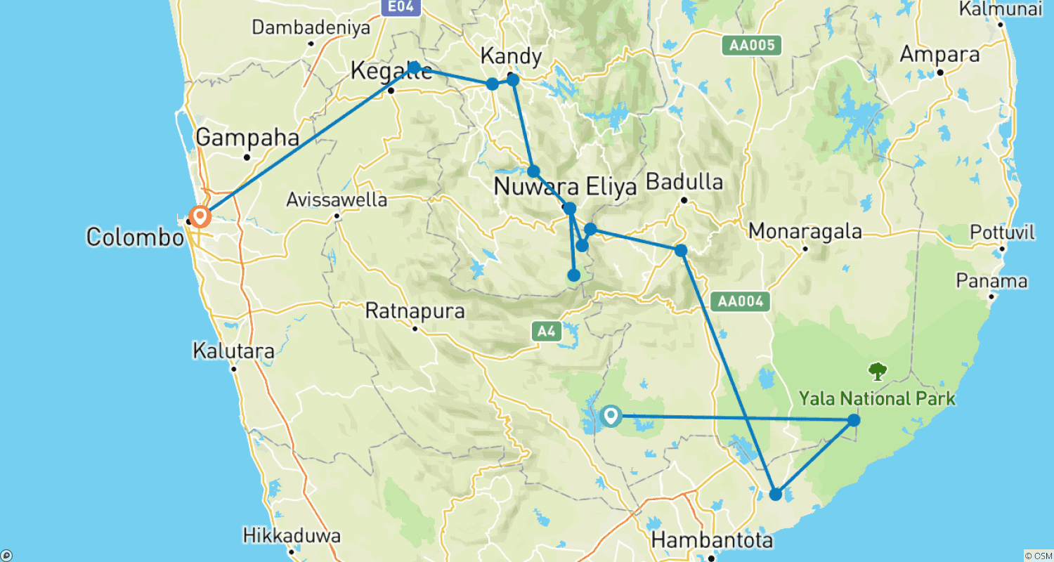 Mapa trasy: Safari na Sri Lance - 6 dni