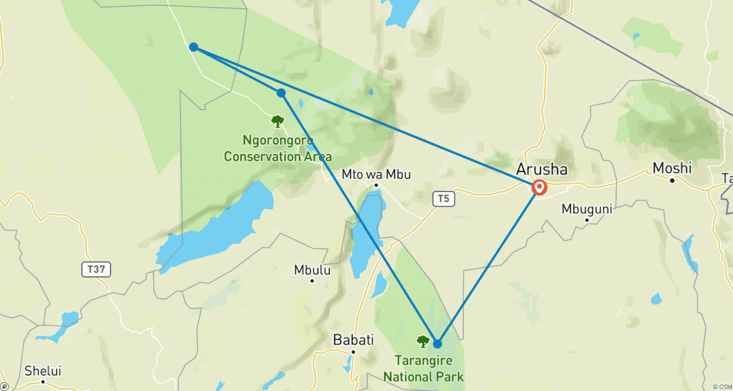 Mapa do percurso de Safári para Casais na Tanzânia