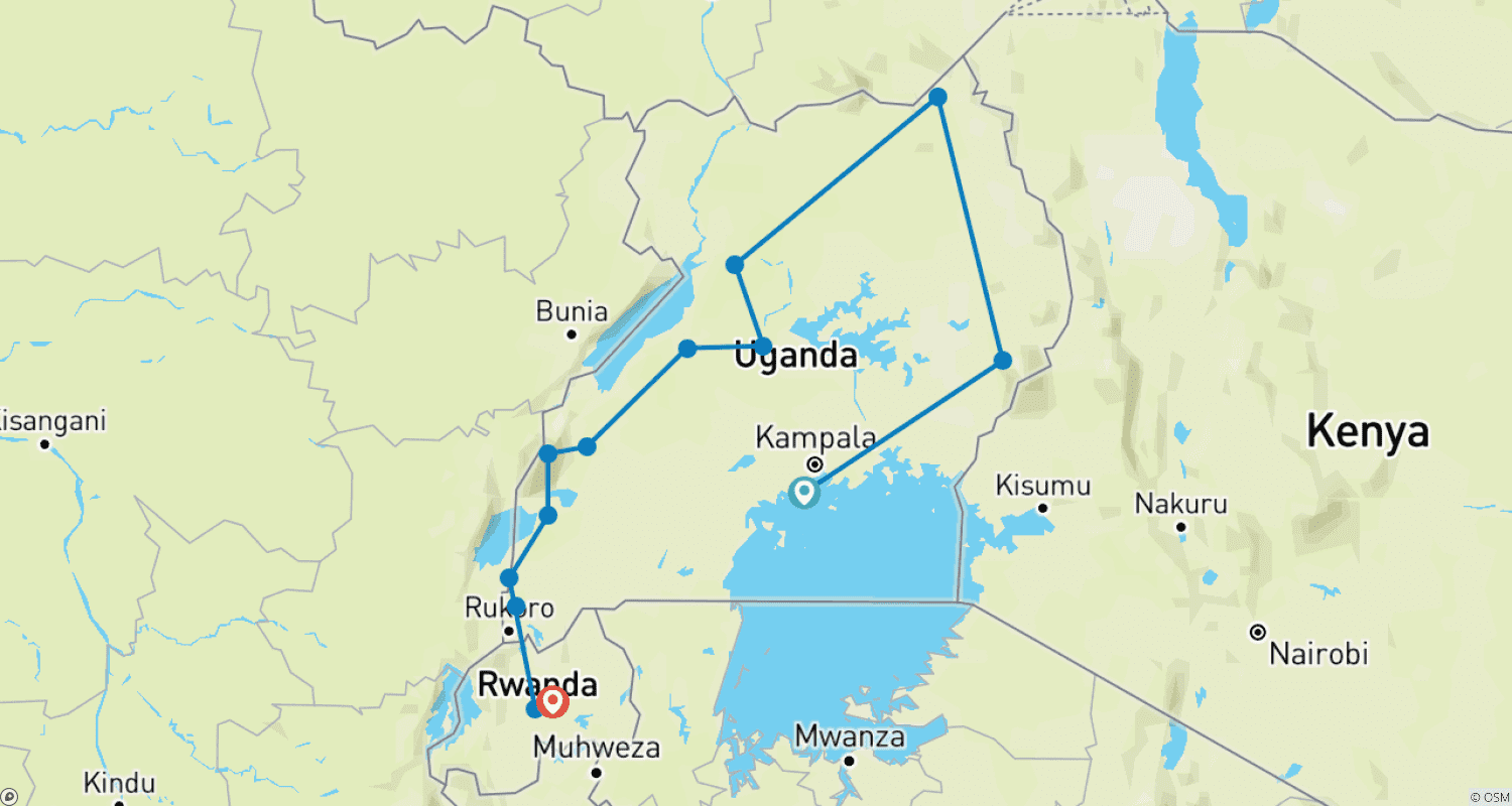 خريطة مسار 16 Days of Intensive Adventurous Safari through Magical Uganda and Rwanda ( Private tour)