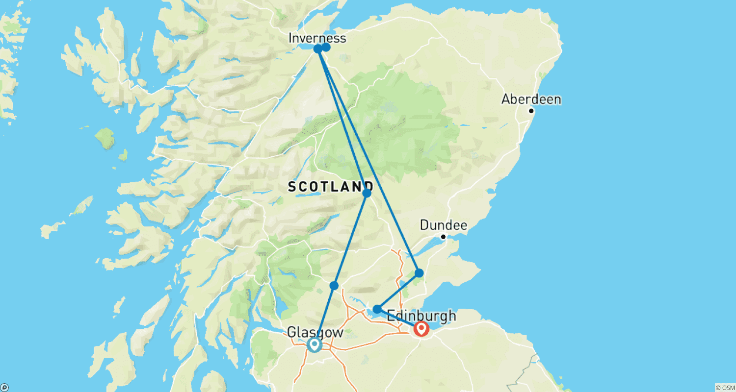 Mapa do percurso de Espírito de Outlander - Excursão de 7 Dias com Jantar de Gala de Encerramento