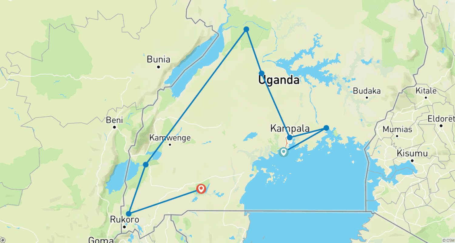 Mapa do percurso de Safari de 8 Dias: Primatas, Vida Selvagem e Rafting em Uganda (Tour Privado)