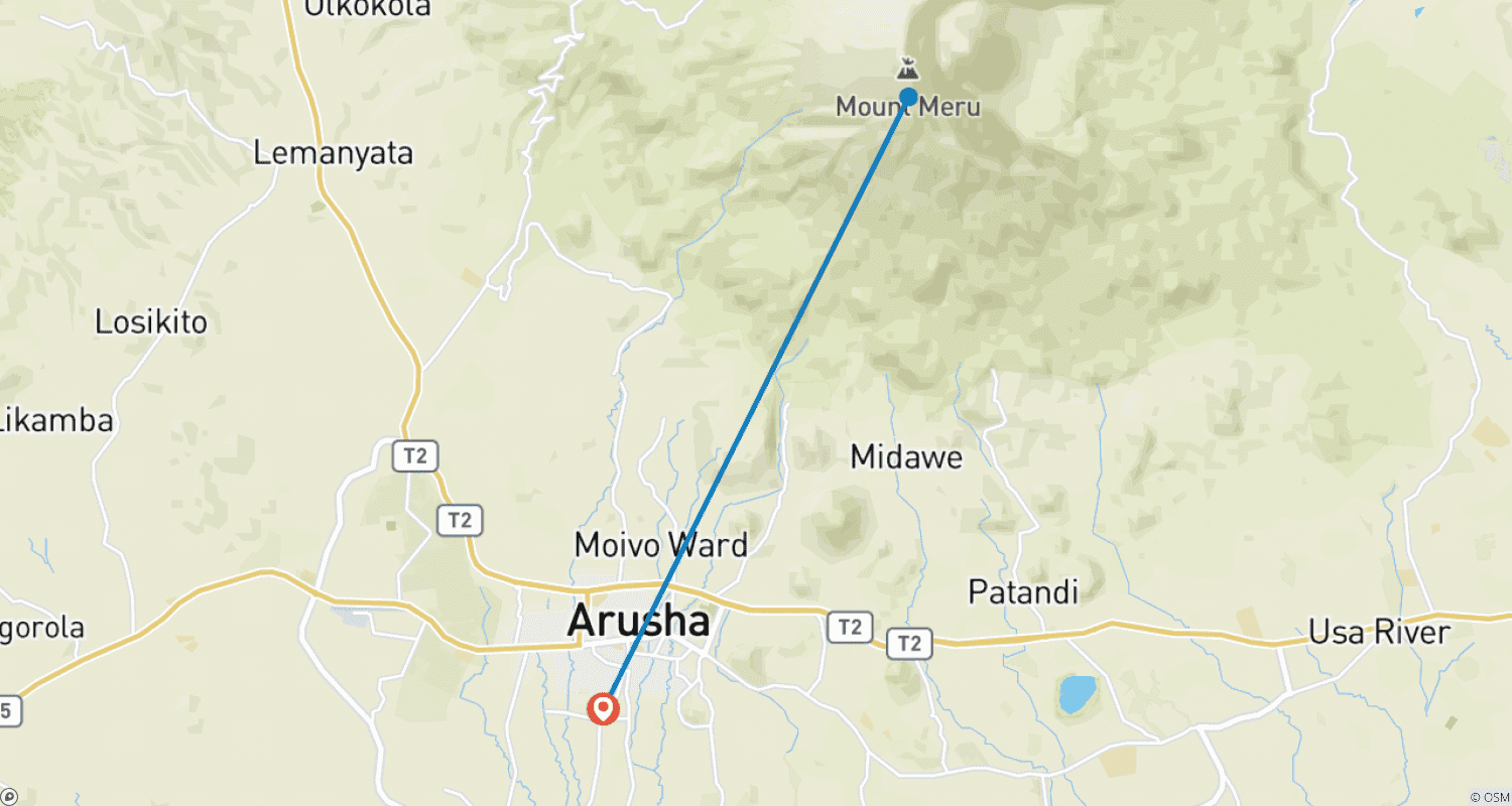 Mapa do percurso de 4 Day Tanzania Mount Meru Trekking expedition