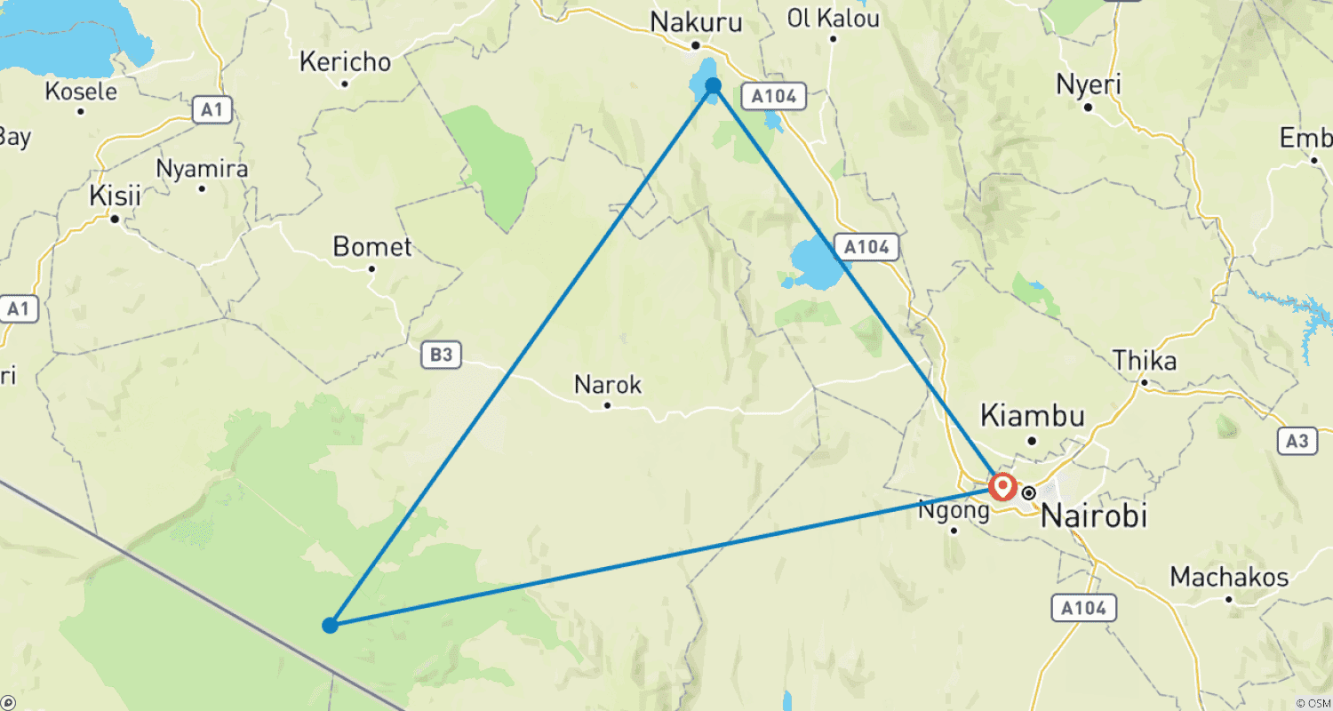 Mapa do percurso de Safari de 4 Dias no Quênia: Masai Mara e Lago Nakuru, em Lodge de Categoria Média, em Grupo