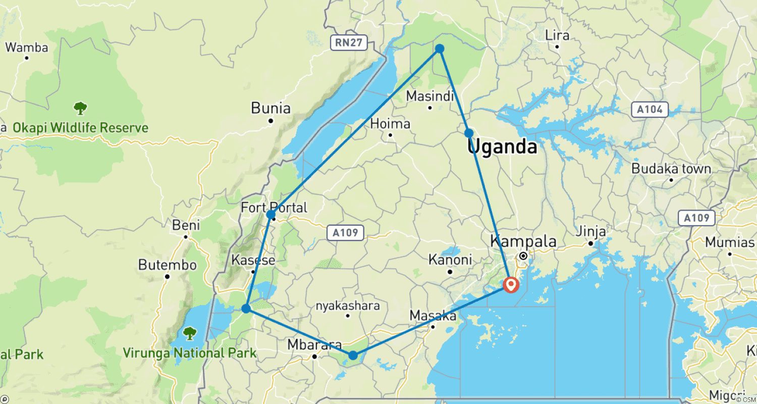Mapa do percurso de Descubra o Safári em Murchison Falls, Parque Nacional Queen Elizabeth e Parque Nacional do Lago Mburo