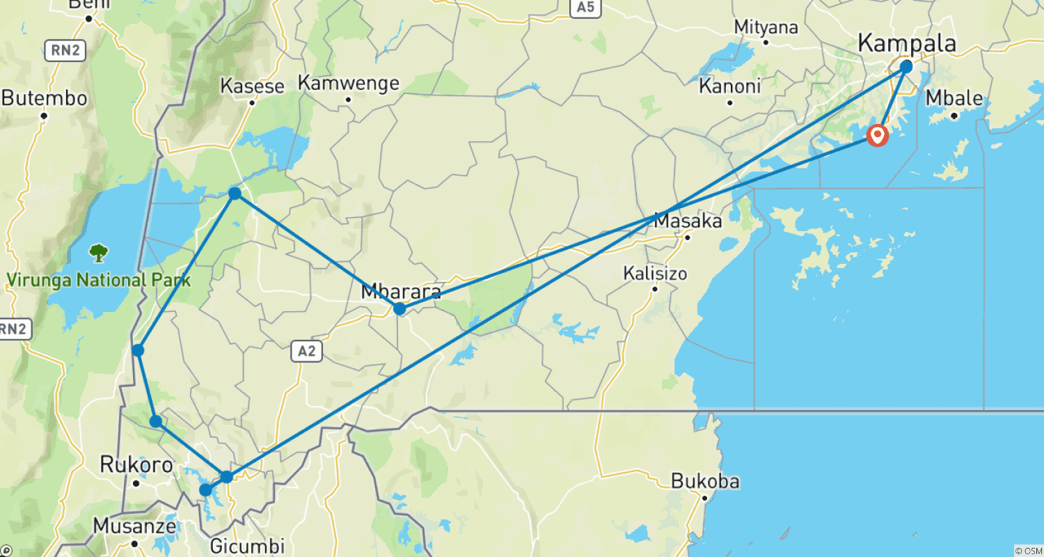 Mapa trasy: Odkryj goryle Ugandy, Jezioro Bunyonyi + lwy wspinające się na drzewa (Wyłącznie Prywatne)