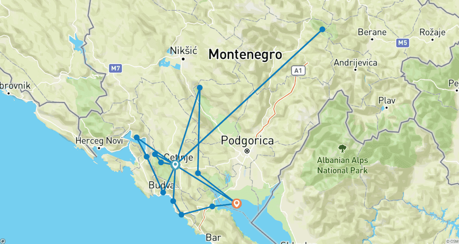 Mapa do percurso de Viagem Confortável ao Coração de Montenegro