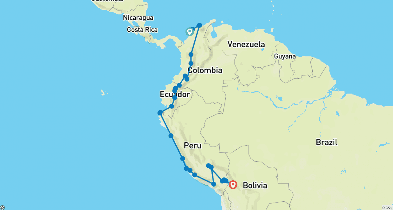 Mapa trasy: Cartagena do La Paz (58 dni) Banany i Lamy