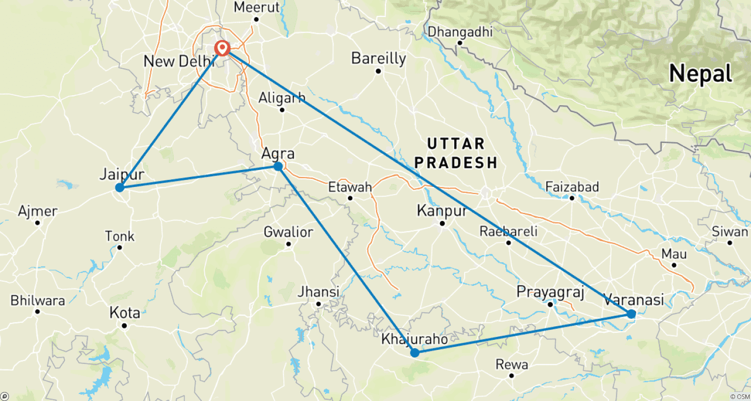 Mapa trasy: Urzekająca 9-dniowa wycieczka po Złotym Trójkącie z Varanasi i Khajuraho (ALL INCLUSIVE)