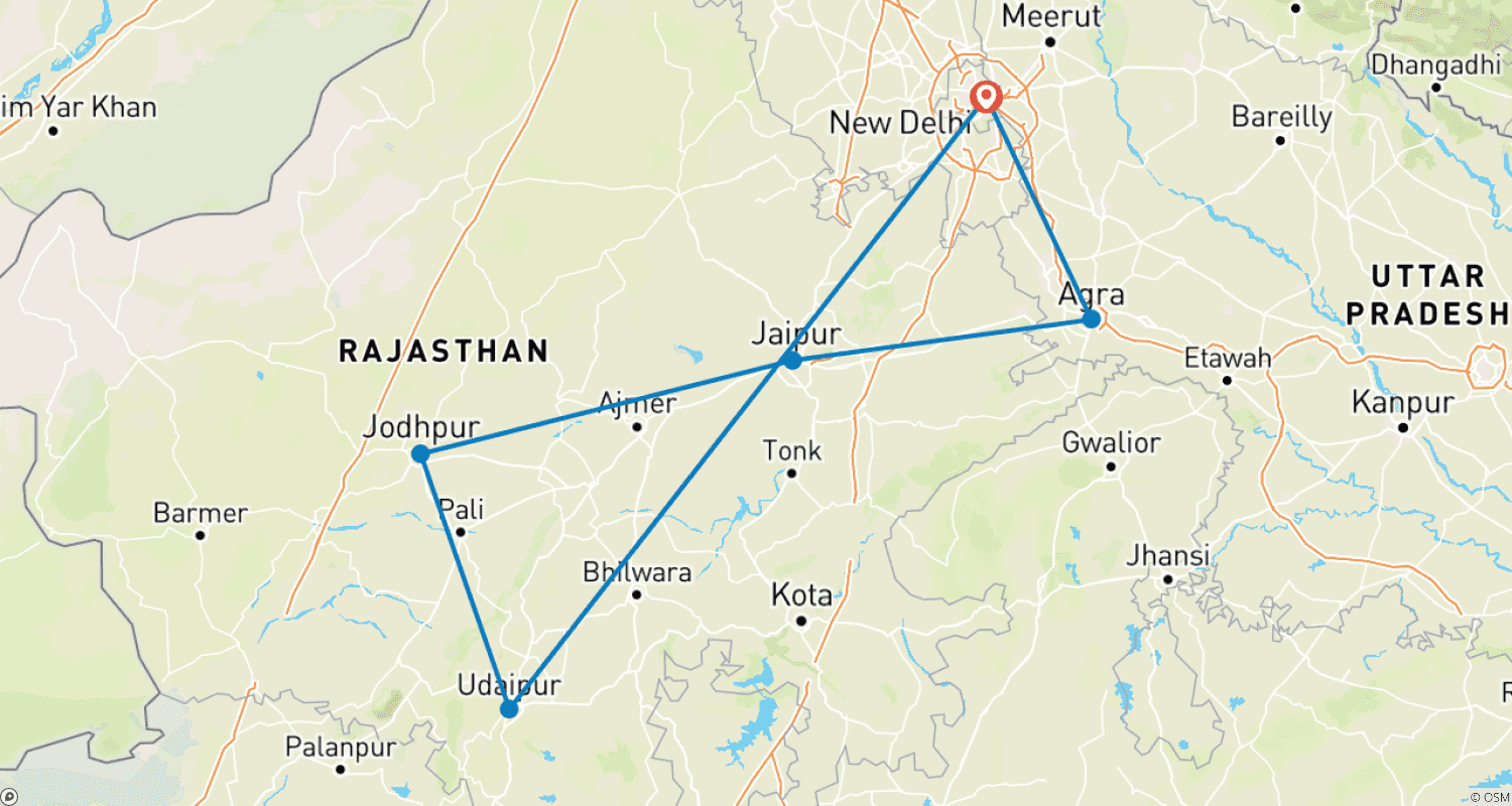 Mapa do percurso de Majestosa Excursão de 10 Dias pelo Triângulo Dourado com Jodhpur e Udaipur (TUDO INCLUÍDO)