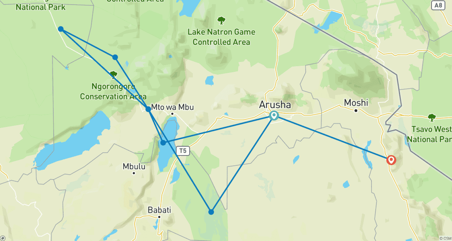 Mapa do percurso de Safari de 5 Dias de Médio Porte: O Melhor da Tanzânia