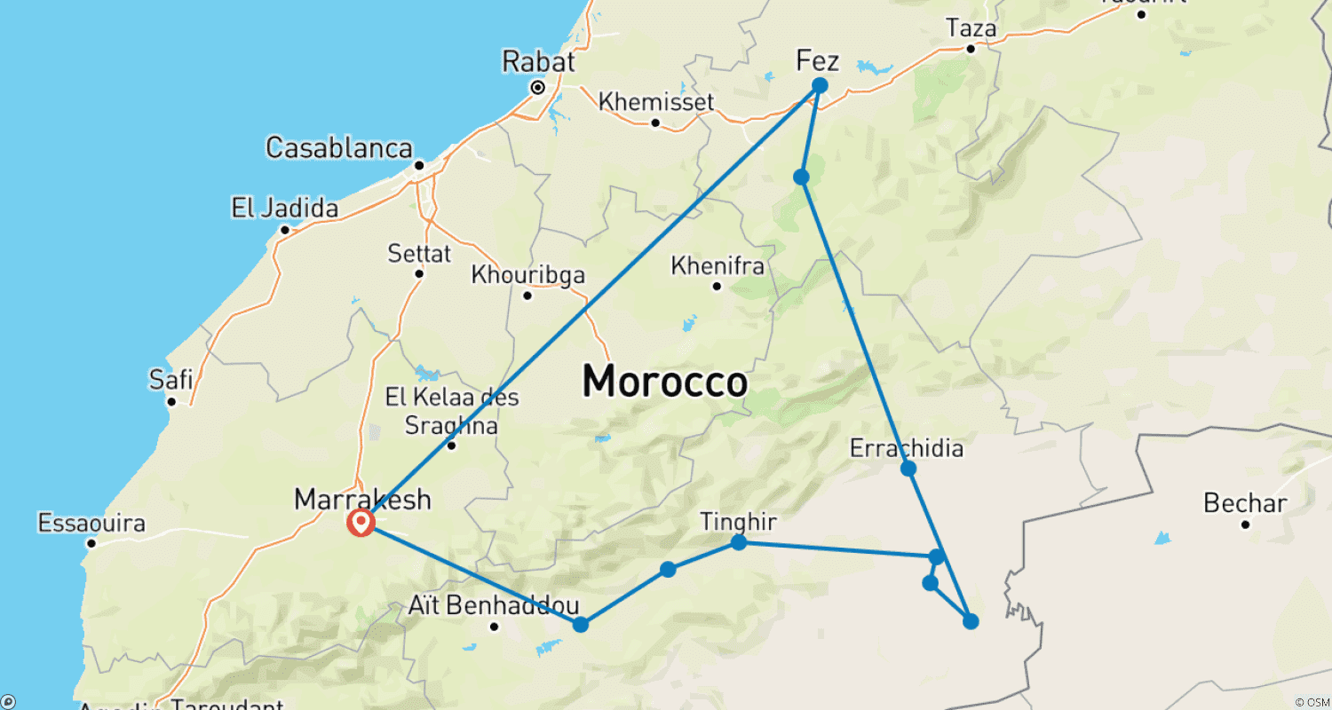 Mapa do percurso de Excursão de 6 Dias de Marraquexe via Deserto do Saara e Fez