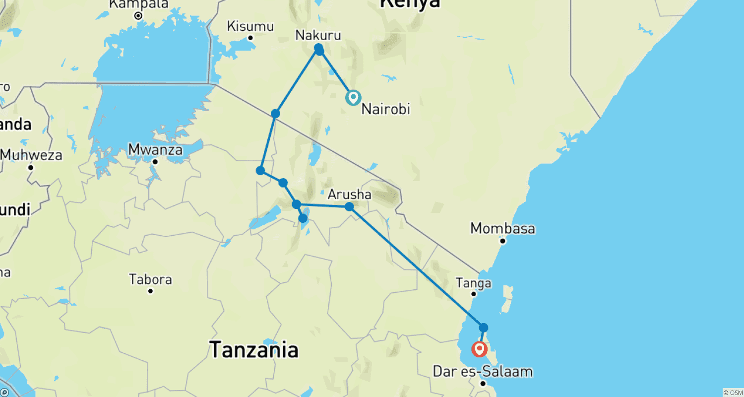 Mapa do percurso de 15 Days Kenya Tanzania Mid Range Safari & Zanzibar Beach holiday 2026