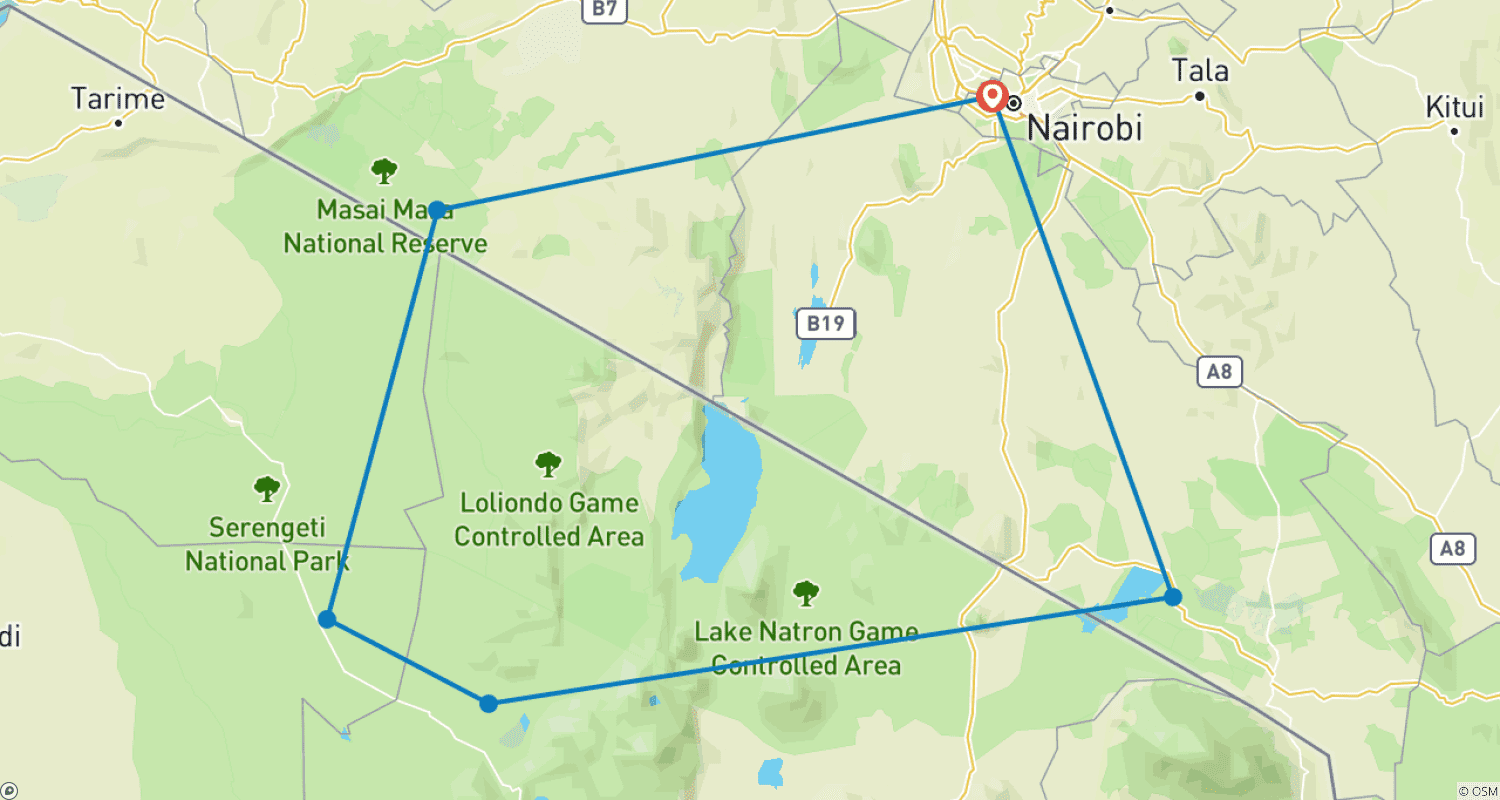 خريطة مسار 7 Days Kenya and Tanzania private medium range driving safari