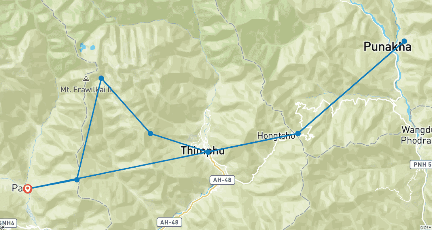 Mapa do percurso de Druk Path Trek e Passeio Cultural no Butão Intocado