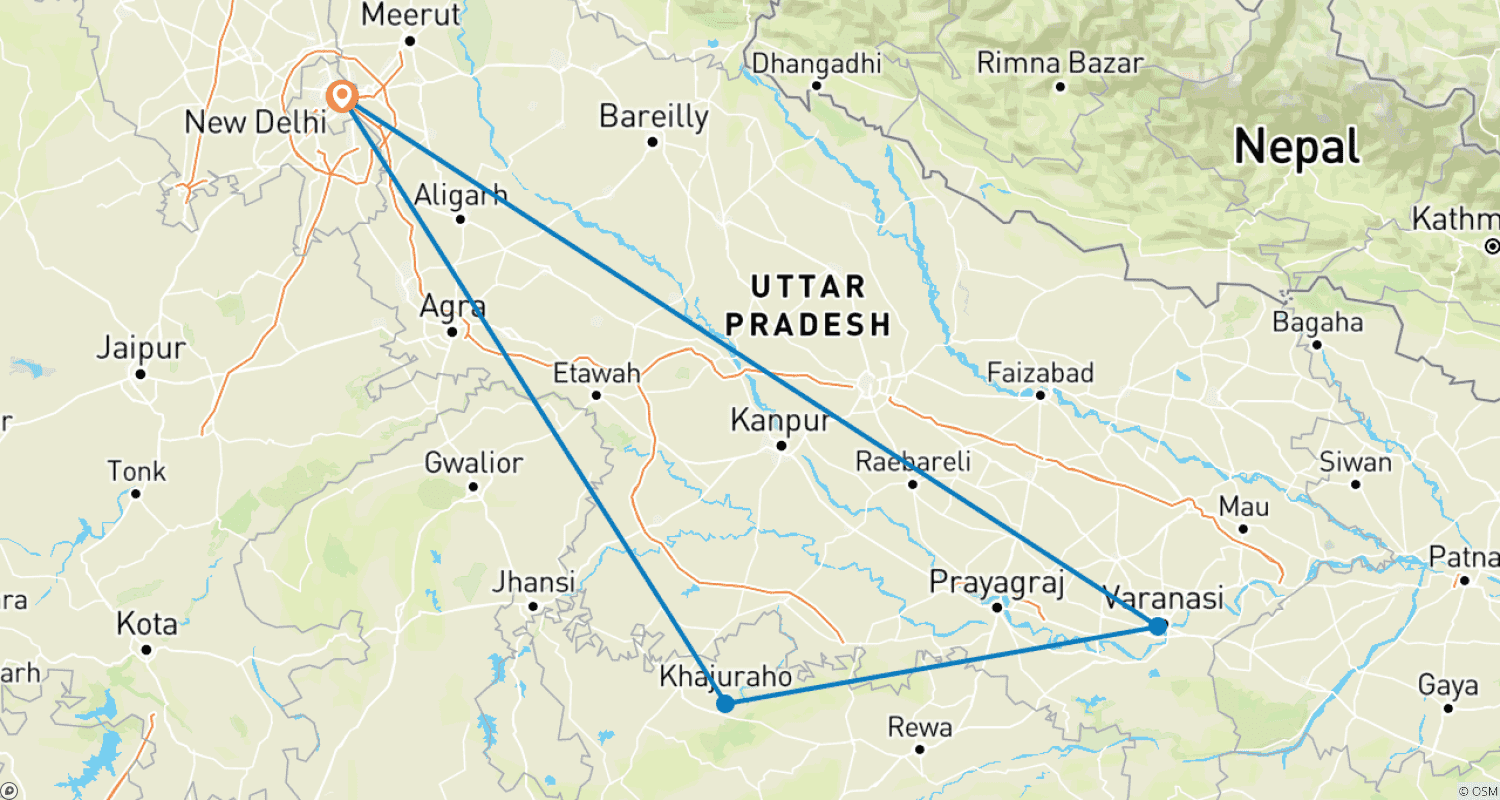 Mapa do percurso de Ganges Sagrado e Templos de Khajuraho